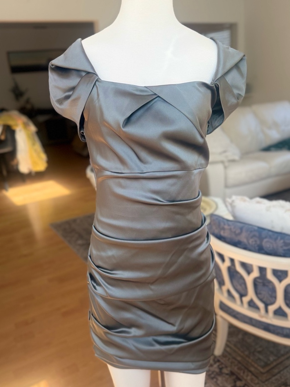 Gray Satin Off-Shoulder Mini Dress